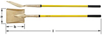 Horizontal image of a long yellow fiberglass handled shovel with a square blade from two different angles. The first angle is a side view, and the second one is a top view.  AMPCO is written on the yellow handle, just above the blade neck. Blade is the co